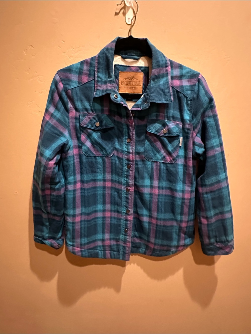 Pacific Trail Teal & Purple Plaid Sherpa-Lined Jean Jacket